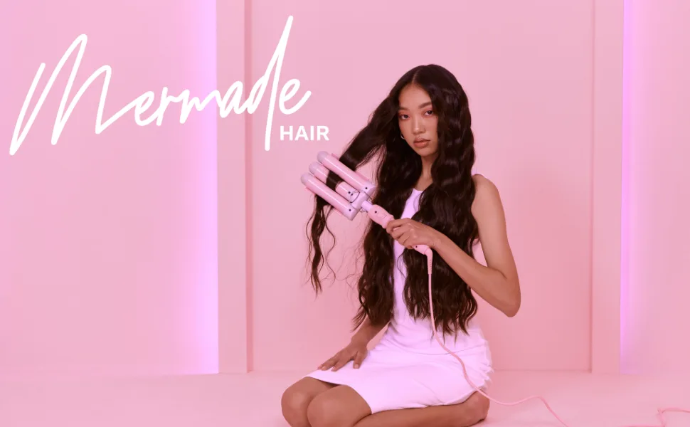 Mermade Hair PRO Waver 32mm I Triple Barrel Deep Waver Curling Iron Beach Waves Crimper (32mm, Pink) 32mm Pink - Mermade Header