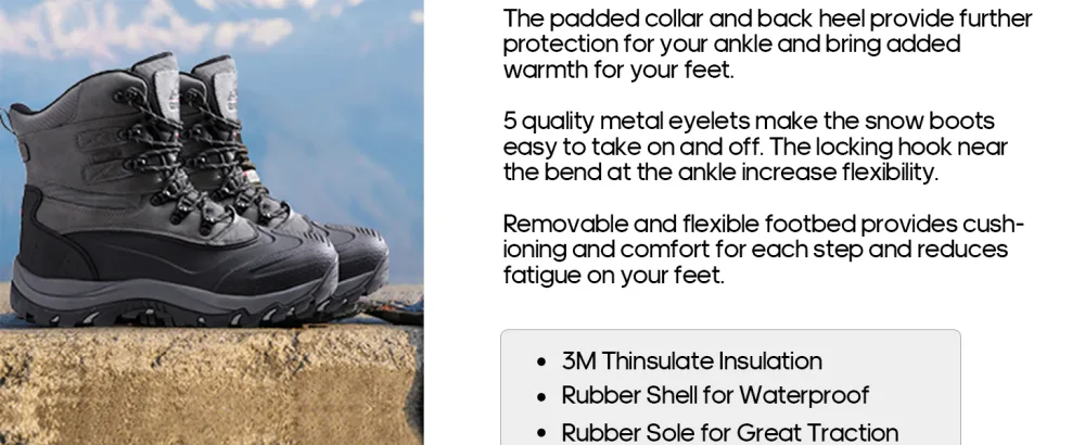 NORTIV 8 Men's Insulated Waterproof Construction Rubber Sole Winter Snow Ski Boots 7.5 Black/Grey - snow boots
