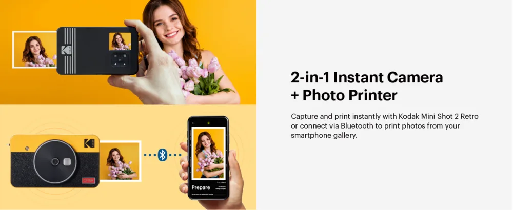 KODAK Mini Shot 2 Retro 4PASS 2-in-1 Instant Camera and Photo Printer (2.1x3.4 inches) + 8 Sheets, Yellow Printer + 8 Sheets Yellow - kodak mini shot 2 instant camera and photo printer