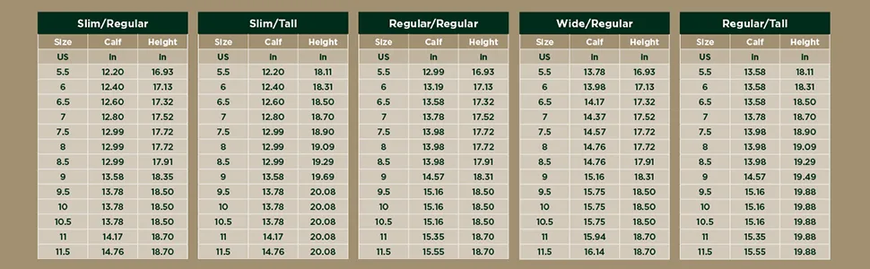 Dublin Kalmar Sd Paddock Boots 8 Stone - Size chart for tall boots slim regular, slim tall, regular, wide regular, and regular tall
