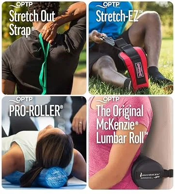OPTP PRO-Roller Soft Foam Roller - Pink 36" x 6" PSFR36 - four product layout featuring the stretch out strap, stretch-ez, pro roller and lumbar roll