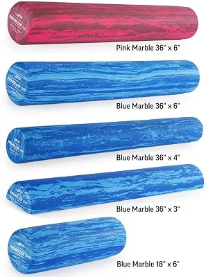 OPTP PRO-Roller Soft Foam Roller - Pink 36" x 6" PSFR36 - green blue and purple rollers stacked on each other