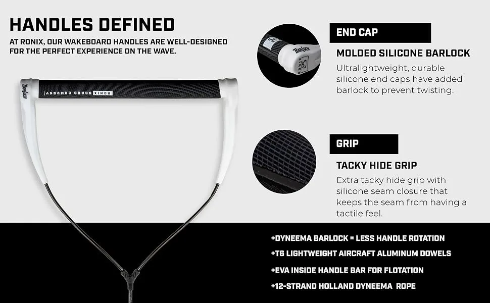 Ronix North Dyneema BarLock Handle Grip- 1.3 in. Diameter Black/White - Ronix Wakeboard Handle Design