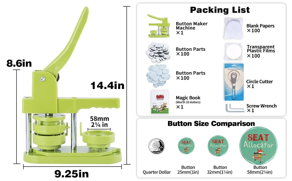 Happizza Button Maker Machine (3rd Gen) Installation-Free, 58mm (2.25in) DIY Pin Badge Button Maker Press Machine Badge Punch Press with Free 100pcs Button Parts&Pictures&Circle Cutter&Magic Book - packing list and button size comparison