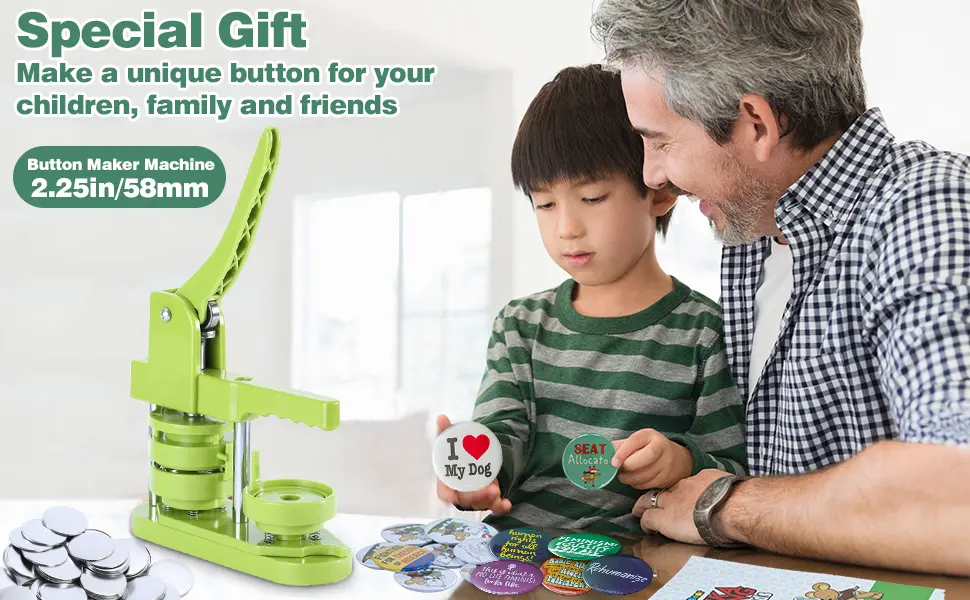 Happizza Button Maker Machine (3rd Gen) Installation-Free, 58mm (2.25in) DIY Pin Badge Button Maker Press Machine Badge Punch Press with Free 100pcs Button Parts&Pictures&Circle Cutter&Magic Book - special gift