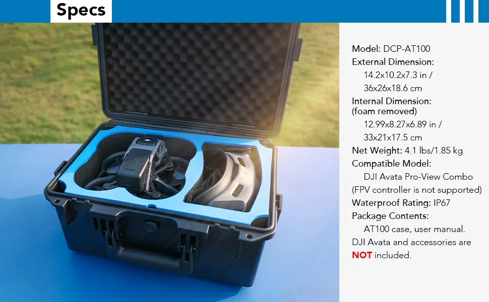 Lykus AT100 Waterproof Hard Case for DJI Avata, Goggles 2, and Motion Controller, Dual-Layer Foam Insert, Compact and Light CASE ONLY - specs
