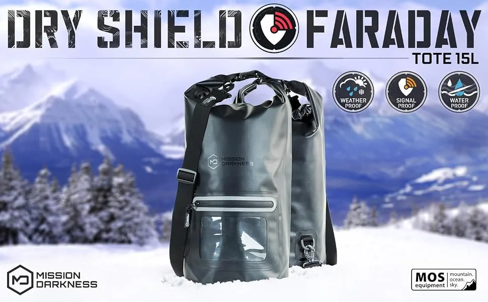 Mission Darkness Dry Shield Faraday Tote 15L // Waterproof Dry Bag for Electronic Device Security & Transport // Signal Blocking, Anti-Tracking, EMP Shield, Data Privacy for Phones, Tablets, Laptops - mission darkness dry shield waterproof faraday tote bag 15 liter capacity blocks signals