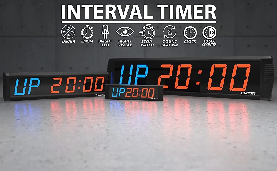 Synergee 16" Premium LED Programmable Interval Wall Timer Gym Timer with Wireless Remote. Tabata, EMOTM, Stopwatch, Count Up/Down, MMA, Clock. B) Medium 16" - Synergee Interval Timer