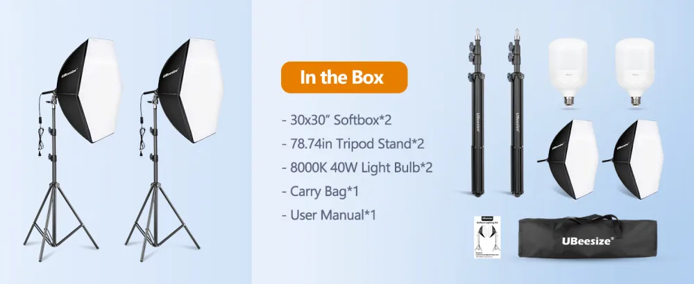 UBeesize Softbox Photography Lighting Kit, 30"X30" Professional Softbox Lighting Kit with 2pcs 40W E26 Socket 8000K Bulbs, Continuous Lighting Kit for Portraits Advertising Shooting, Video Recording Hexagon Softbox+Daylight Bulb - studio light