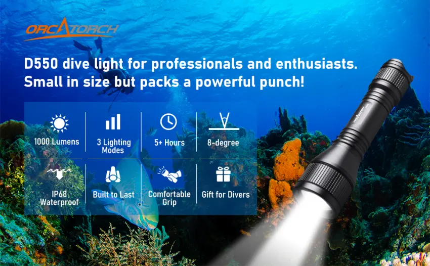 ORCATORCH D550 Scuba Dive Light, 1000 Lumens Super Bright Underwater Diving Flashlight with 3 Modes, IP68 Waterproof Night Dive Torch 150 Meters Submersible Light - ORCATORCH D550 Scuba Dive Light
