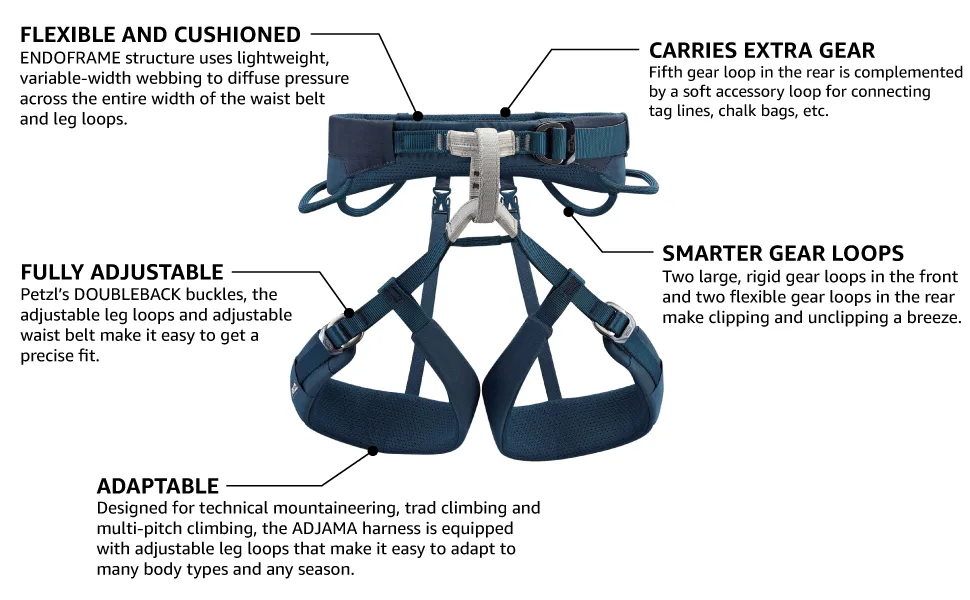 Petzl ADJAMA Unisex Harness - Adjustable Rock and Ice Climbing Harness for Single and Multi-Pitch Climbs Blue Large - ADJAMA