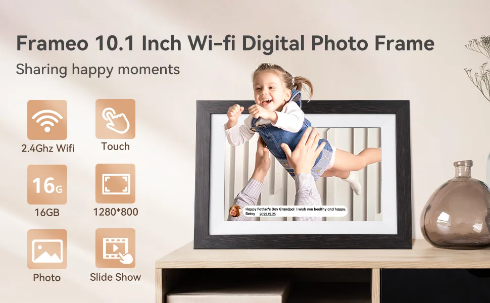 Frameo WiFi Digital Photo Frame 10.1 Inch Smart Digital Picture Frame 1280x800 IPS LCD Touch Screen Large Memory Wall-mountable Auto-Rotate Easy Share Photos Video via Frameo App- Brown Dark-Brown - digital photo frame