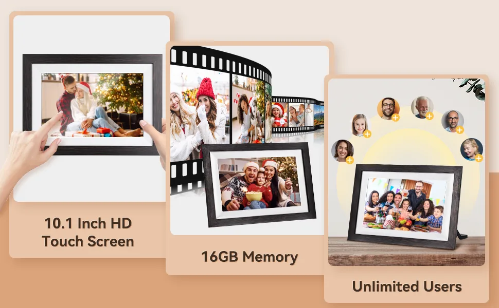Frameo WiFi Digital Photo Frame 10.1 Inch Smart Digital Picture Frame 1280x800 IPS LCD Touch Screen Large Memory Wall-mountable Auto-Rotate Easy Share Photos Video via Frameo App- Brown Dark-Brown - digital photo frame