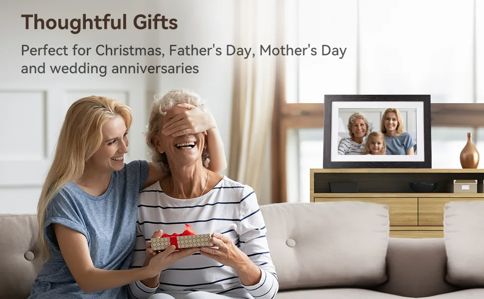 Frameo WiFi Digital Photo Frame 10.1 Inch Smart Digital Picture Frame 1280x800 IPS LCD Touch Screen Large Memory Wall-mountable Auto-Rotate Easy Share Photos Video via Frameo App- Brown Dark-Brown - digital photo frame