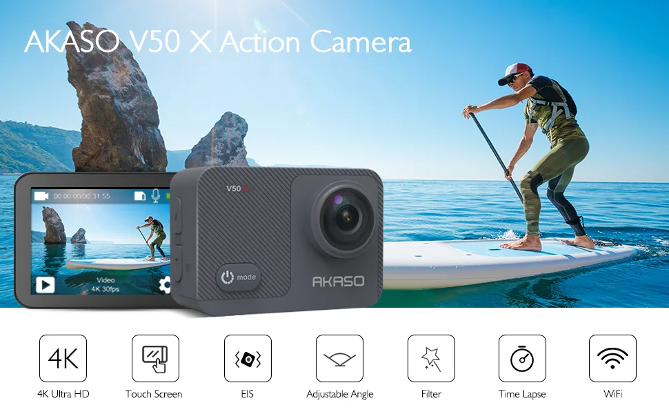 AKASO V50X Native 4K30fps WiFi Action Camera with EIS Touch Screen 4X Zoom Web Camera 131 feet Waterproof Camera Support External Mic Remote Control Sports Camera with Helmet Accessories - action camera