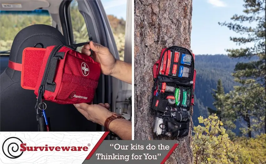 Surviveware Survival First Aid Kit for Outdoor Preparedness - Comes with Removable MOLLE Compatible System and Labeled Compartments - Backpacking, Hiking & Outdoors Preparedness - Survival First Aid Kit - Red