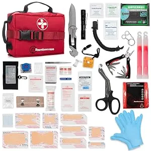 Surviveware Survival First Aid Kit for Outdoor Preparedness - Comes with Removable MOLLE Compatible System and Labeled Compartments - Backpacking, Hiking & Outdoors Preparedness - Survival Kit - Red