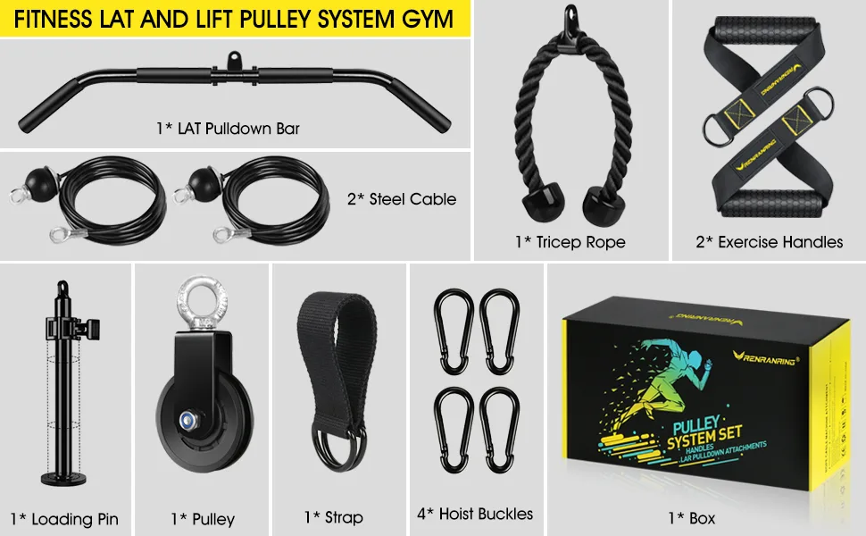 Fitness LAT and Lift Pulley System Gym - Upgraded LAT Pull Down Cable Machine Attachments, Loading Pin, Handle and Tricep Rope, for Biceps Curl, Forearm, Triceps Exercise Gym Equipment Black - cable pulley