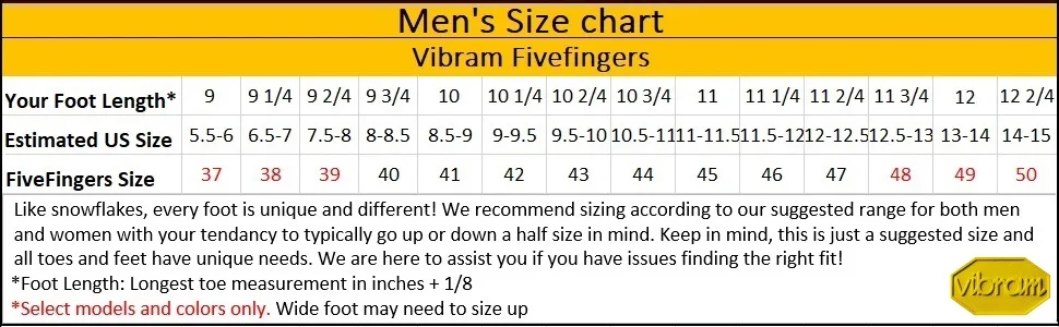 Vibram Men's Five Fingers, EL-X Shoe Black 11 - Chart