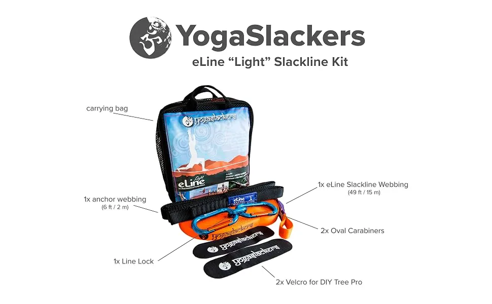 YogaSlackers Slackline for Yoga and Balance training eLine 50 foot with included anchor strap - eLine LIGHT product components
