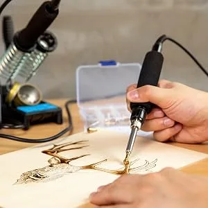 YIHUA 939D-II Pyrography Pen Wood Burning Kit Station 2-in-1 Solid-Point 200480C (with Temp Display)/Wire-Nib 250750C with 20 Nibs, Solid Points, 1 Stable Pen Holder, 2 Scrap Wood (Blue) - pyrography pen shading technique shading wood burning cross-hatching with high temperature burn mark