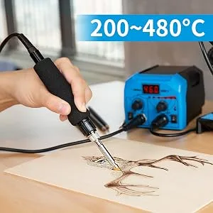 YIHUA 939D-II Pyrography Pen Wood Burning Kit Station 2-in-1 Solid-Point 200480C (with Temp Display)/Wire-Nib 250750C with 20 Nibs, Solid Points, 1 Stable Pen Holder, 2 Scrap Wood (Blue) - yihua solid-point pyrograhy pen