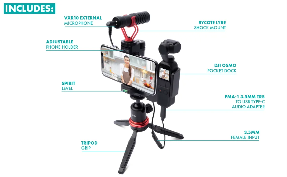 Movo Vlogging Kit Compatible with DJI OSMO Pocket 1, 2 - Video Rig with VXR10 External Microphone, Smartphone Tripod Mount, and Type-C Audio Adapter - Great Bundle for Video and Audio Recording - View Details