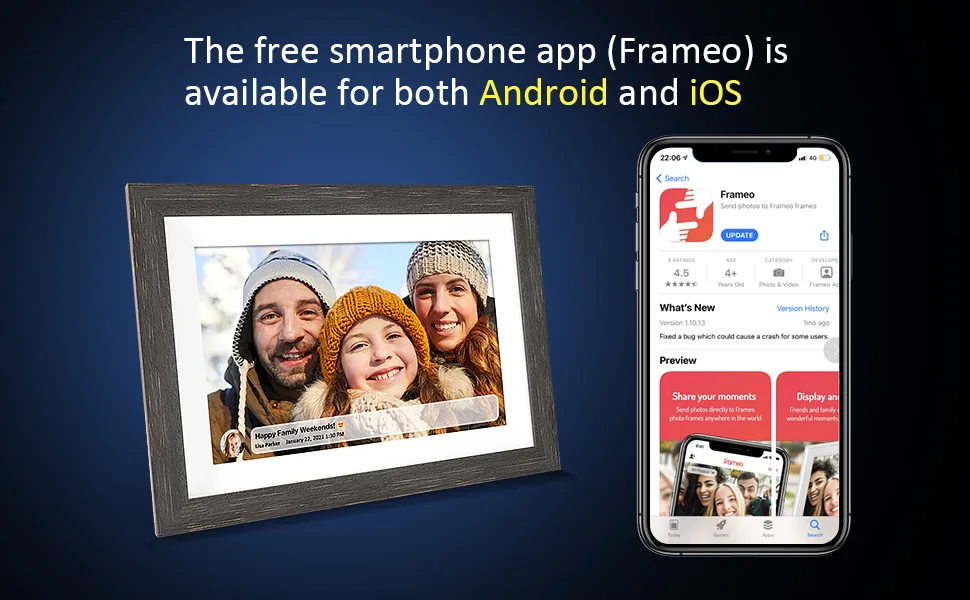 Frameo 32GB Memory 10.1 inch Smart Digital Picture Frame WiFi IPS HD 1080P Electronic Digital Photo Frame Touch Screen with Auto-Rotate Easy Setup to use iOS and Android app from MQQC - The free smartphone app frameo