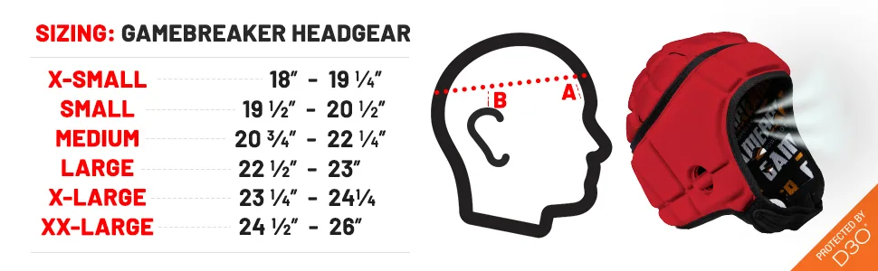 Gamebreaker PRO Powered by D3O Soft Shell Headgear Black Large - Sizing, Gamebreaker Headgear