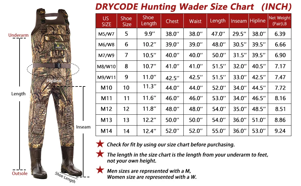 DRYCODE Waders for Men with Boots, Waterproof Neoprene Chest Waders for Women, Duck Hunting/Fishing Waders M10 Reed Grass - chest waders size