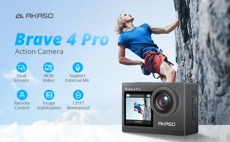 AKASO Brave 4 Pro 4K30FPS Action Camera - 131ft Underwater Camcorder Waterproof Camera with Touch Screen Advanced EIS Remote Control 5X Zoom Underwater Camera Support External Mic - AKASO Brave 4 Pro Action Camera