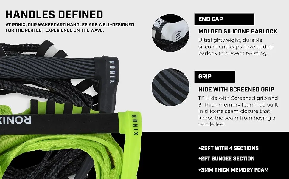 Ronix Silicone Bungee Surf Rope Handle-11 Inches / Rope- 25 feet Black / White - Ronix Wakeboard Surf Rope Design