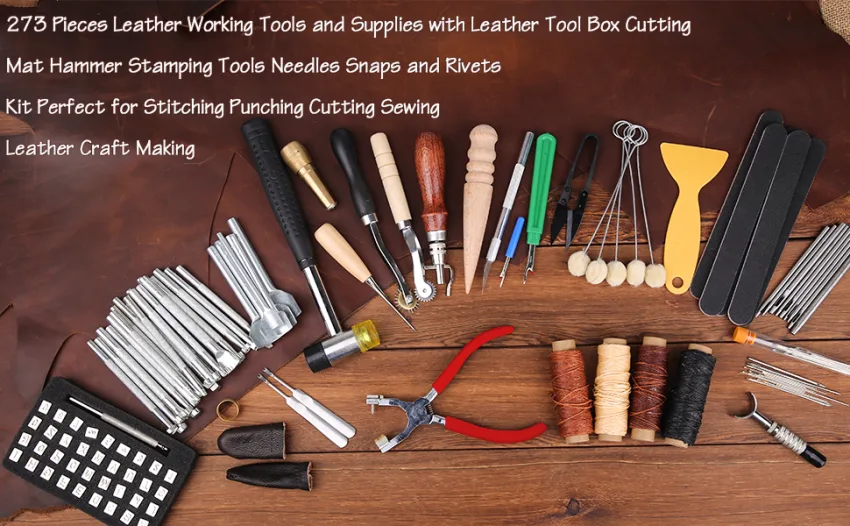 273 Pieces Leather Working Tools and Supplies with Leather Tool Box Cutting Mat Hammer Stamping Tools Needles Snaps and Rivets Kit Perfect for Stitching Punching Cutting Sewing Leather Craft Making - 273 Pieces Leather Working Tools