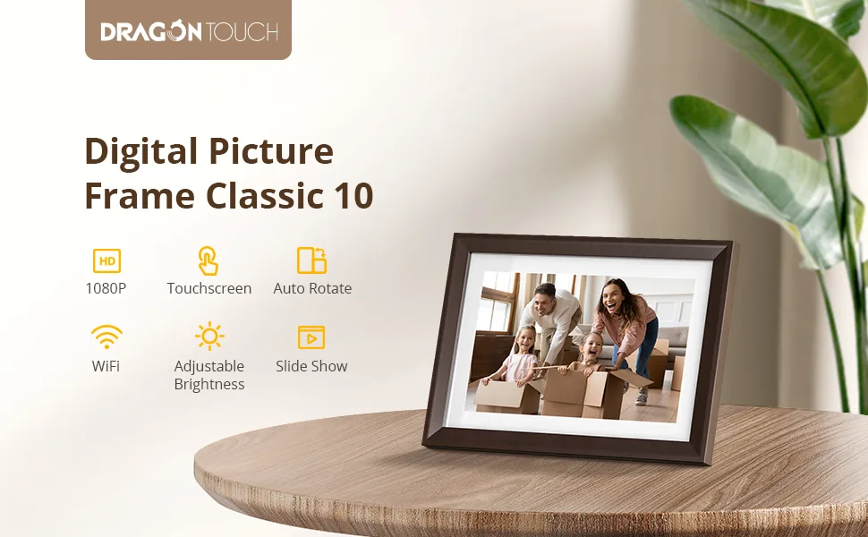Dragon Touch Digital Picture Frame WiFi 10 inch IPS Touch Screen HD Display, 16GB Storage, Auto-Rotate, Share Photos via App, Email, Cloud - Classic 10 choco brown - digital photo frame