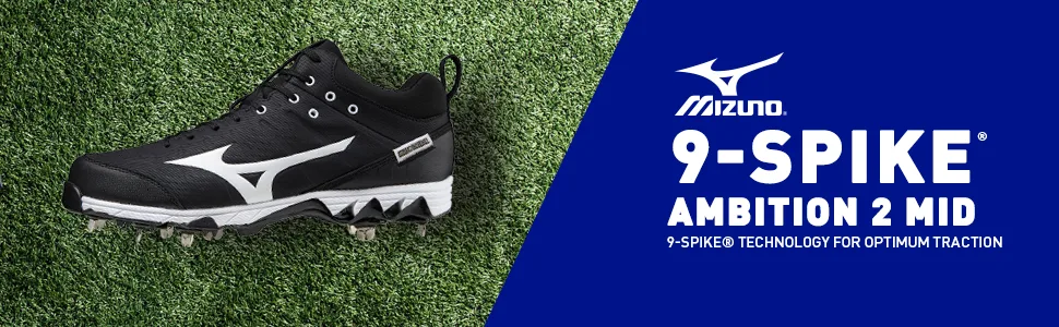 Mizuno Men's 9-Spike Ambition 2 Mid Baseball Shoe Black-white (9000) 10 - Mizuno 9-Spike Ambition 2 Mid; 9-spike technology for optimum traction