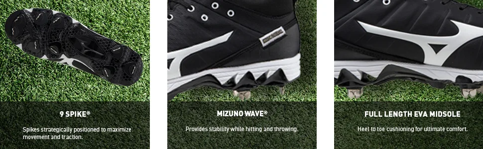 Mizuno Men's 9-Spike Ambition 2 Mid Baseball Shoe Black-white (9000) 10 - Mizuno 9-Spike Ambition 2 Mid Baseball Cleat features; 9-spike; Mizuno Wave; full length EVA Midsole