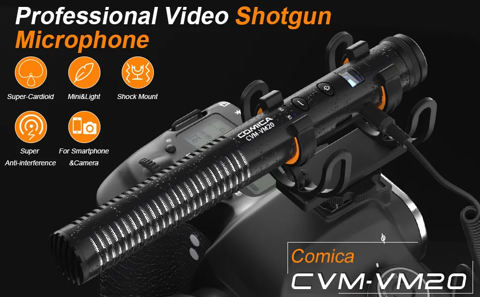 comica Shotgun Microphone, CVM-VM20 Professional Super Cardioid Video Microphone with Shock Mount, Camera Microphone Kit for Smartphone/DSLR Camera/Camcorder, Perfect for Interview/Video Recording - vm20