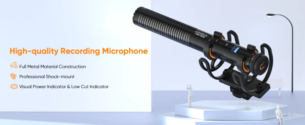 Comica CVM-VM20 Shotgun Microphone, Super-Cardioid Camera Microphone with Rycote Shockmount, Windscreen, Wind Muff, OLED Power Display, Video Microphone for Smartphones, DSLR Cameras, Tablets, Laptops - camera microphone