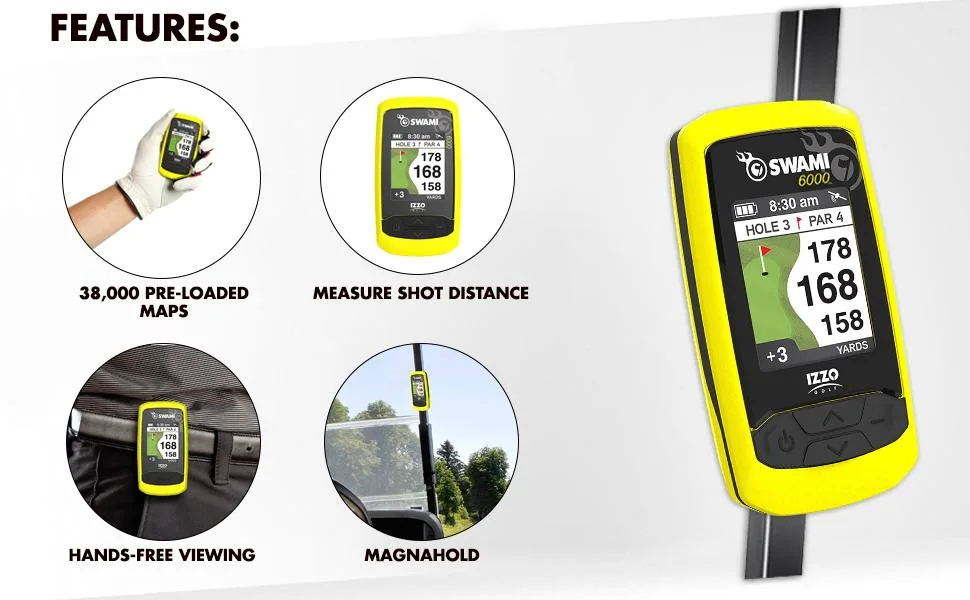 Izzo Swami 6000 Handheld Golf GPS Water-Resistant Color Display With 38,000 Course Maps & Scorekeeper Swami 6000 Golf GPS - Features Banner