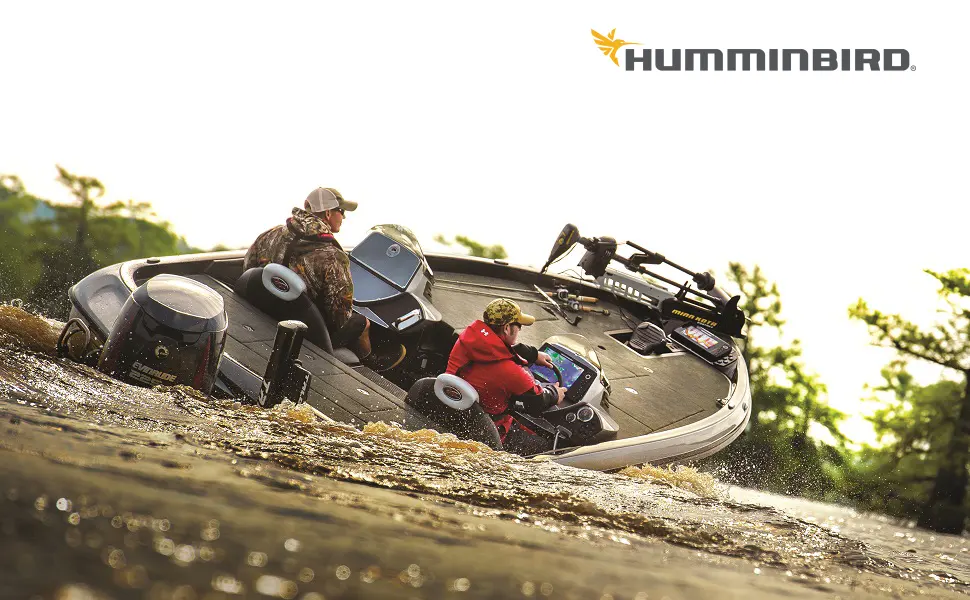 Humminbird 1100250 Micro Map Card - Boat driving through water with Humminbird maps