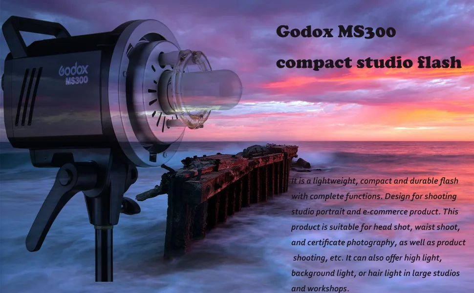 Godox MS300 Studio Strobe 300Ws 110V GN58 5600K Bowens Mount Monolight, Built-in Godox 2.4G Wireless System, 150W Modeling Lamp, Outstanding Output Stability, Anti-Preflash, 1/32 to 1/1 Steps Output Black - MS300