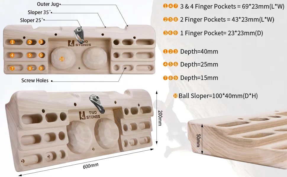 TWO STONES Hangboard Rock Climbing Pull Up Bar for Climbing, Fingerboard Climbing Training Board,Large Rock Climbing Hangboard with Jugs, Slopes, Pockets, and Edegs - Size