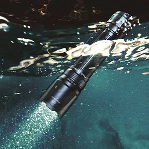 Fenix TK20R v2.0 Rechargeable Tactical Flashlight, 3000 Lumen Long Throw USB-C Tac Light, with LumenTac Organizer - TK20R v2.0 submerged in water