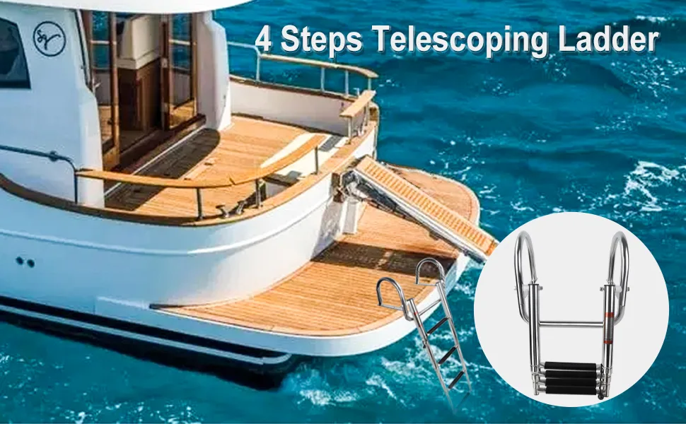 4 Step Pontoon Boat Ladder,Heavy Duty Folding Telescoping Rear Entry Inboard Ladder with Wide Steps Swim Deck with Pedals Hand Railings - boat ladder