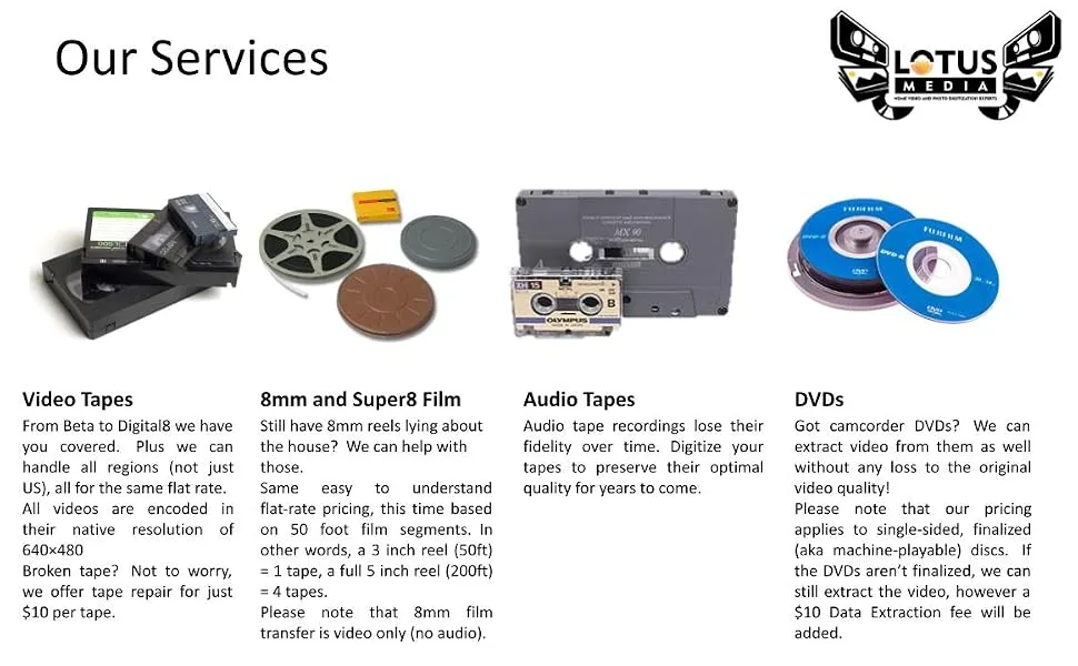 Lotus Media 10 Pack - Video Tape Transfer and Digitization to MP4 Service (VHS, Hi8, MiniDV, Digital8, VHS-C, Beta, Audio) - Our Services