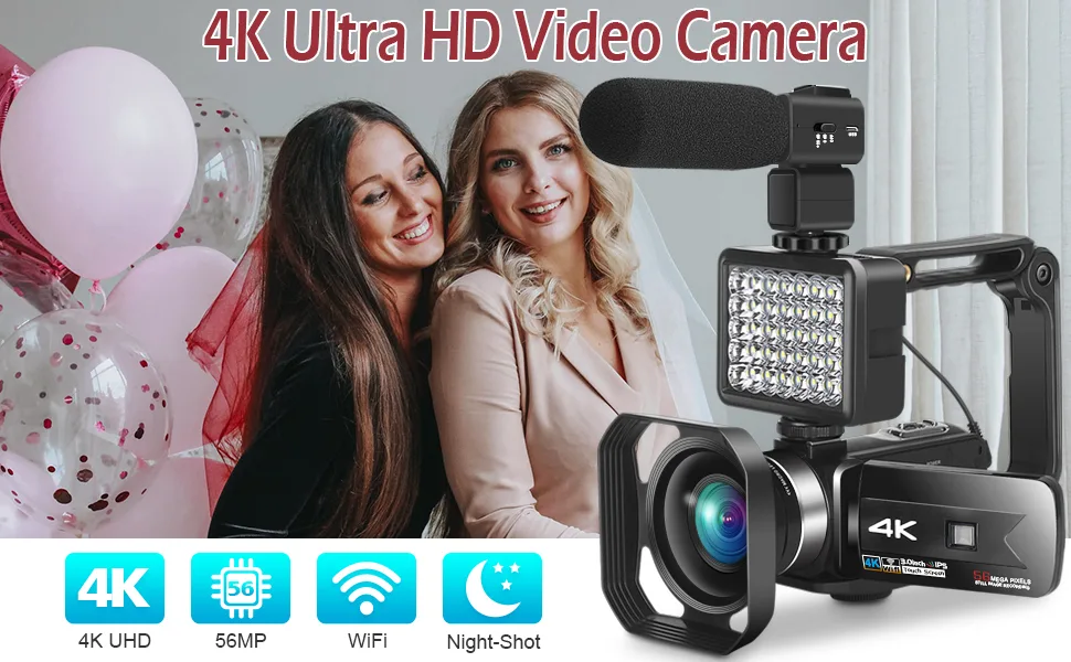 Video Camera Camcorder 4K 56MP Vlogging Camera with IR Night Vision 16X Digital Zoom, Microphone 2.4G Remote Control Black - product information 1