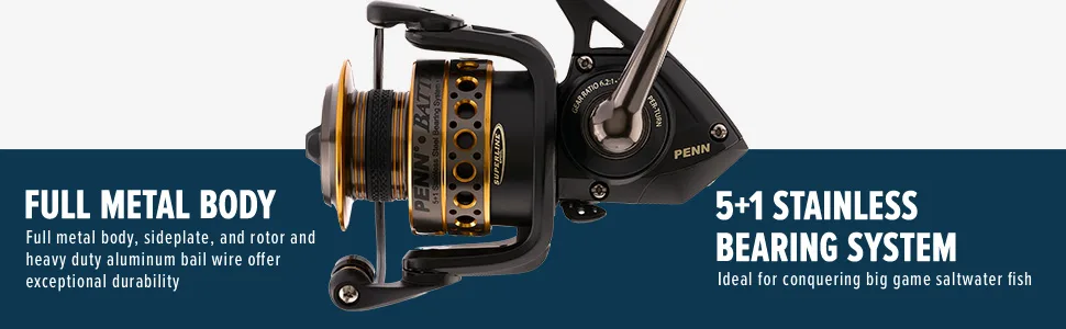 PENN Battle Spinning Reel Kit, Size 5000, Includes Reel Cover and Spare Anodized Aluminum Spool, Right/Left Handle Position, HT-100 Front Drag System Battle Reel 6000 - Battle SMU 2500 Banner 1