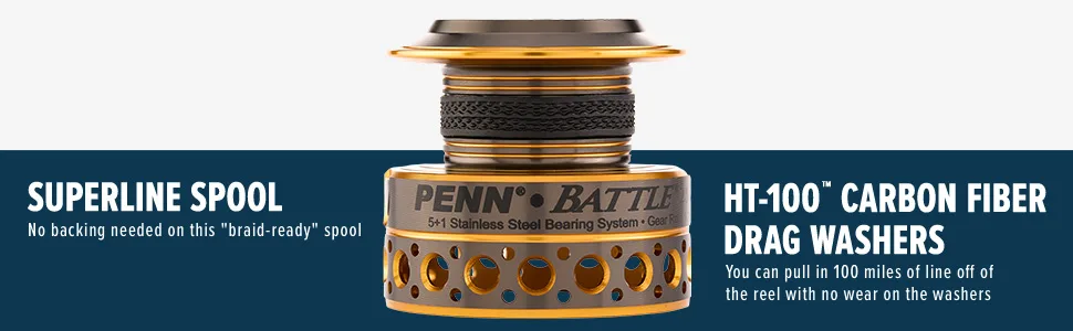 PENN Battle Spinning Reel Kit, Size 5000, Includes Reel Cover and Spare Anodized Aluminum Spool, Right/Left Handle Position, HT-100 Front Drag System Battle Reel 6000 - Battle SMU 2500 Reel Banner 3