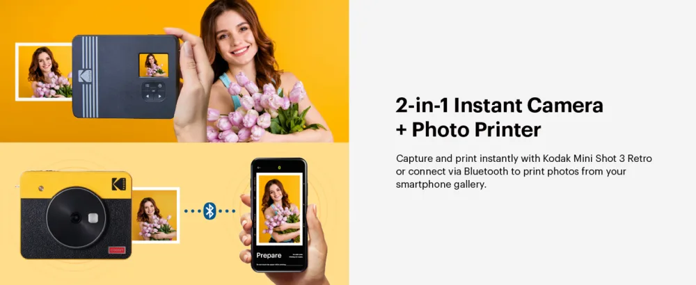 KODAK Mini Shot 3 Retro 4PASS 2-in-1 Instant Digital Camera and Photo Printer (3x3 inches) + 68 Sheets Cartridge Bundle, Yellow Printer + 68 Sheets Yellow - kodak mini shot 3 instant camera and photo printer polaroid cameras