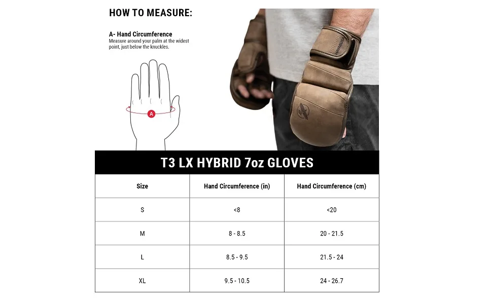 Hayabusa T3 LX Leather 7oz MMA Sparring Training Gloves Men & Women Medium - Size Chart